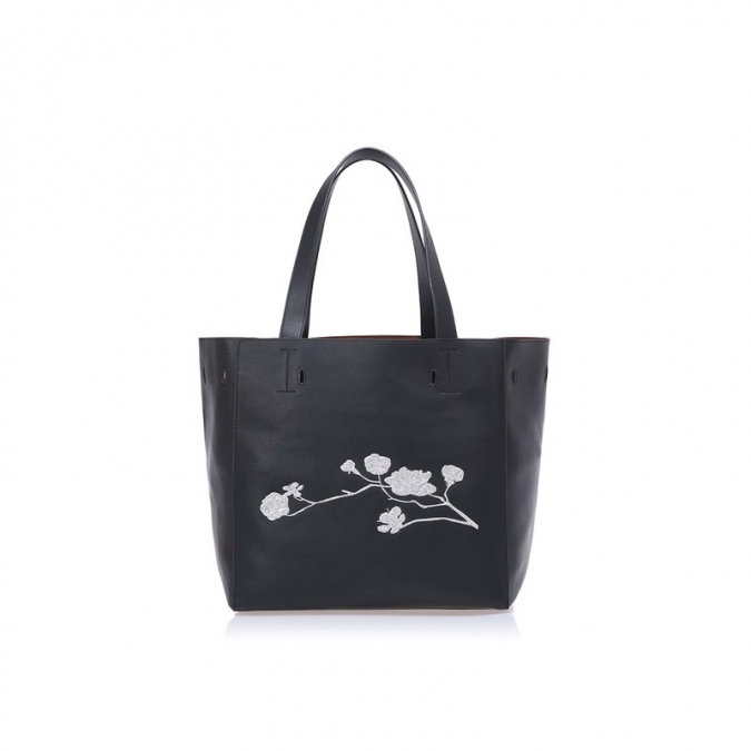 Online-Verkauf schwarze weiche Leder Stickerei Frauen Tote Bag 